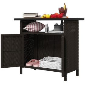 Wicker Outdoor Storage Cabinet with Two Doors and Shelf for Outdoor Pool Towel Storage, Dark Coffee