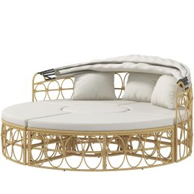Patio Furniture Set, Round Outdoor Daybed with Retractable Canopy, Hollow Wicker PE Rattan Sectional Sofa with Cushions for Pool, Lawn, Beige