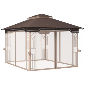 Patio Gazebo 10x12 ft Outdoor Canopy Shelter Double Tier Roof Nettings Garden Lawn Brown