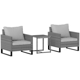 3PCS Patio Set, Wicker Bistro Set with Cushions, Rattan Chairs and Glass Coffee Table for Backyard, Porch, Balcony, Gray