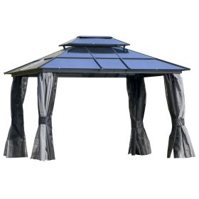 Hardtop Gazebo 10x12, with Aluminum Frame, 2-Tier Polycarbonate Roof, with Curtains, Netting for Garden, Patio, Backyard, Grey