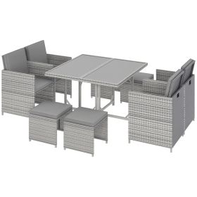 9 Pieces Outdoor Dining Set for 8, Space Saving Wicker Chairs and Square Glass Table with Cushions and Ottomans