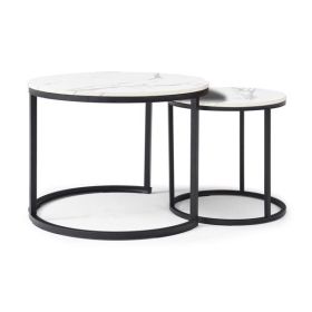 Set 2 Coffee Table Nesting White and gray top Black Frame Circular Round and Marble Pattern Wooden Tables