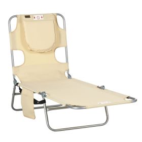 Folding Outdoor Chaise Lounge Sun Tanning Chair with Face Cavity, Pillow, 5-level Adjustable for Beach, Pool, Beige
