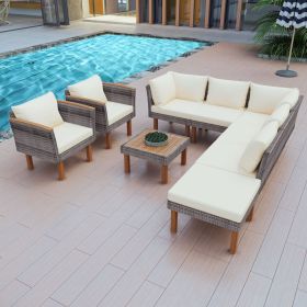 GO 9-Piece Patio Rattan Furniture Set, Outdoor Conversation Set With Acacia Wood Legs and Tabletop, PE Rattan Sectional Sofa Set with Coffee Tabl