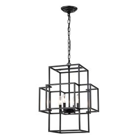 4-Light Metal Lantern Tiered Pendant Hanging Light Fixtures, Industrial Farmhouse Adjustable Height Chandeliers For Dining Room Hallway Foyer Ent (Option: Matte Black)